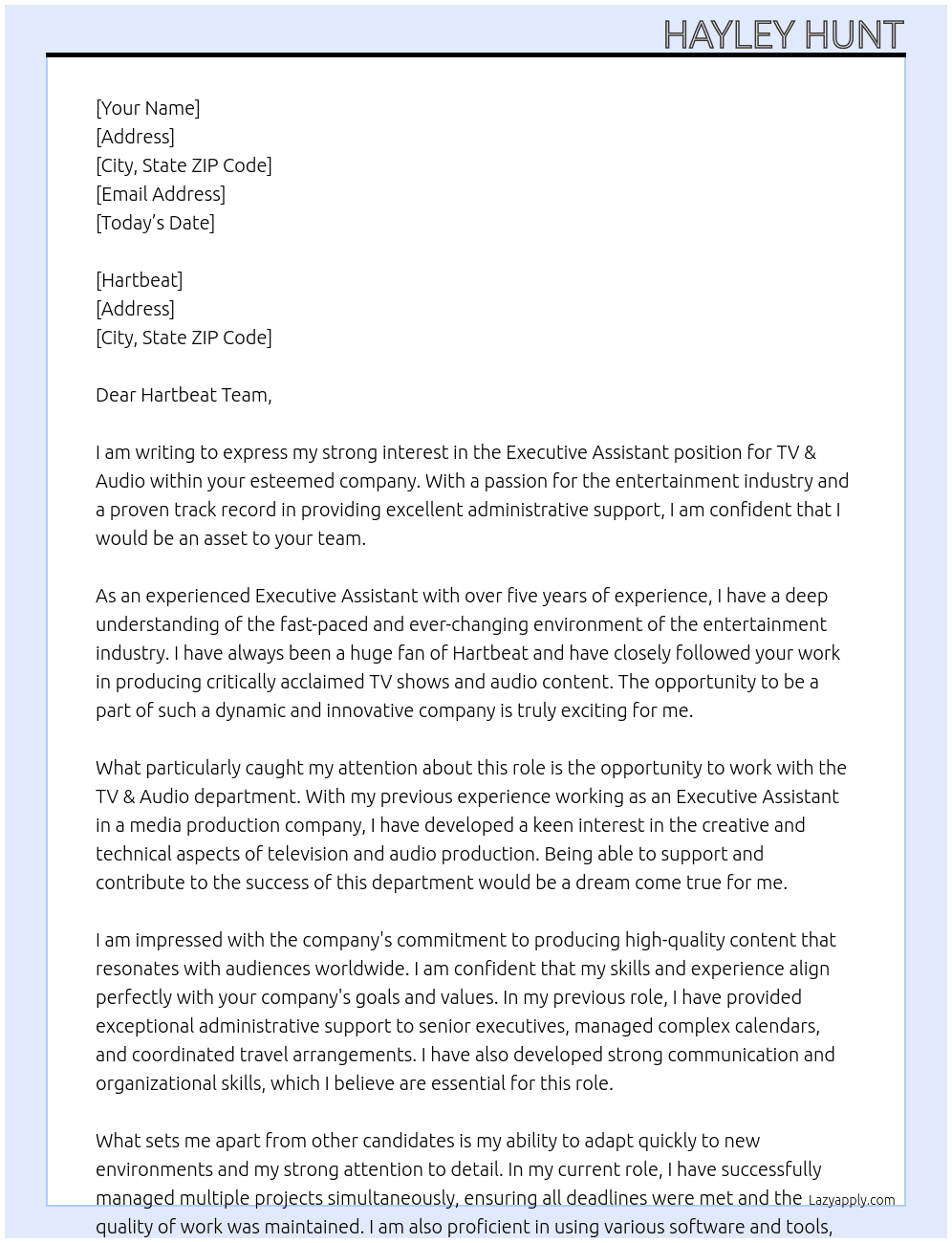 Executive Assistant, TV & Audio At Hartbeat Cover Letter