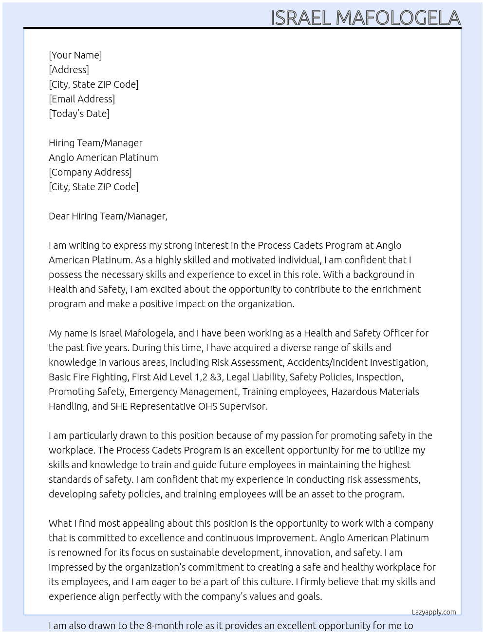 Process Cadets Program - enrichment program At A\nglo American Platinum Cover Letter