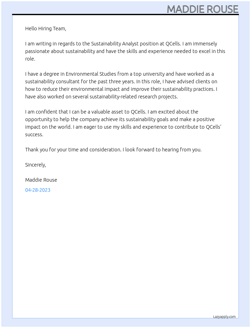 Sustainability Analyst At QCells Cover Letter