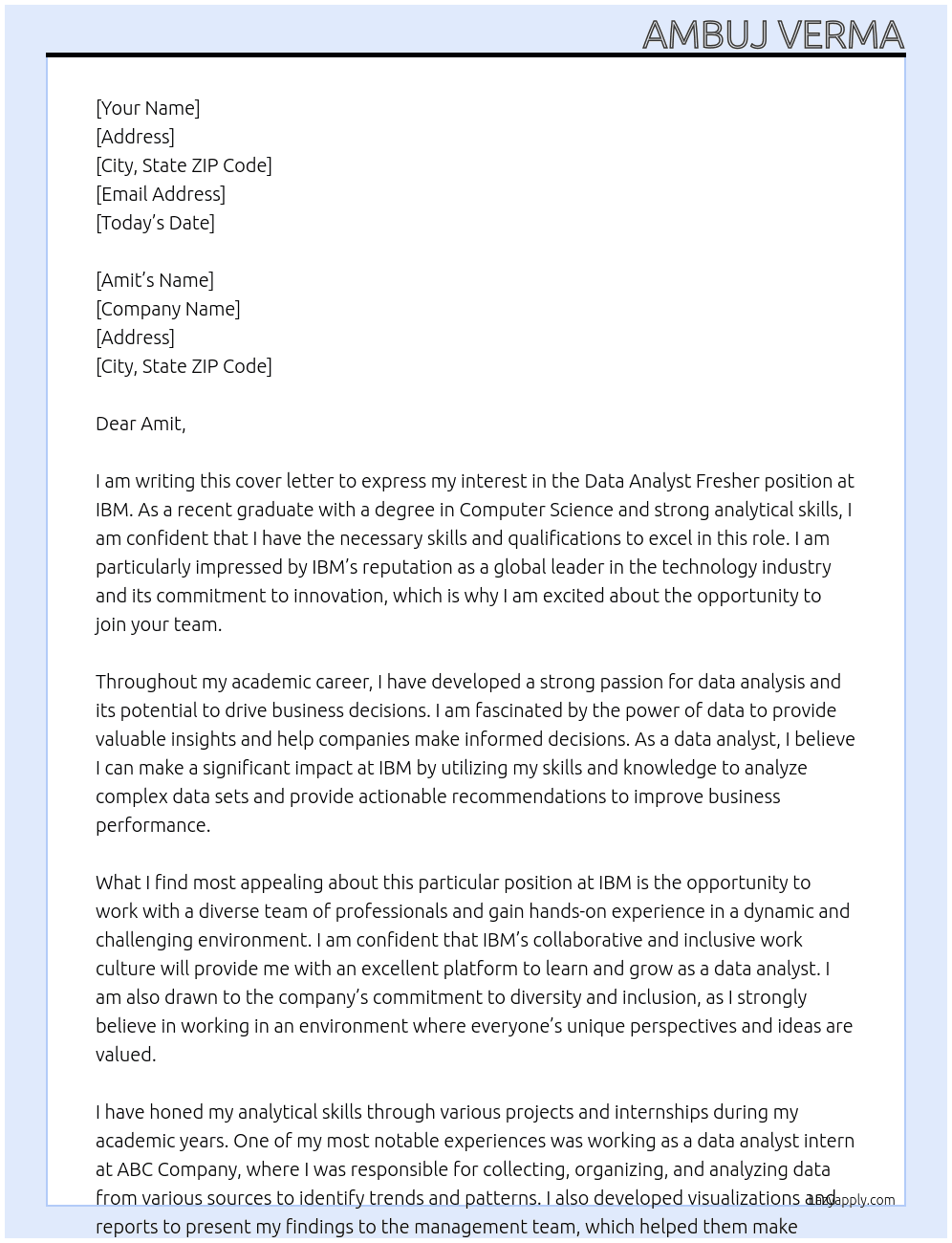Data analyst fresher  At Ibm Cover Letter