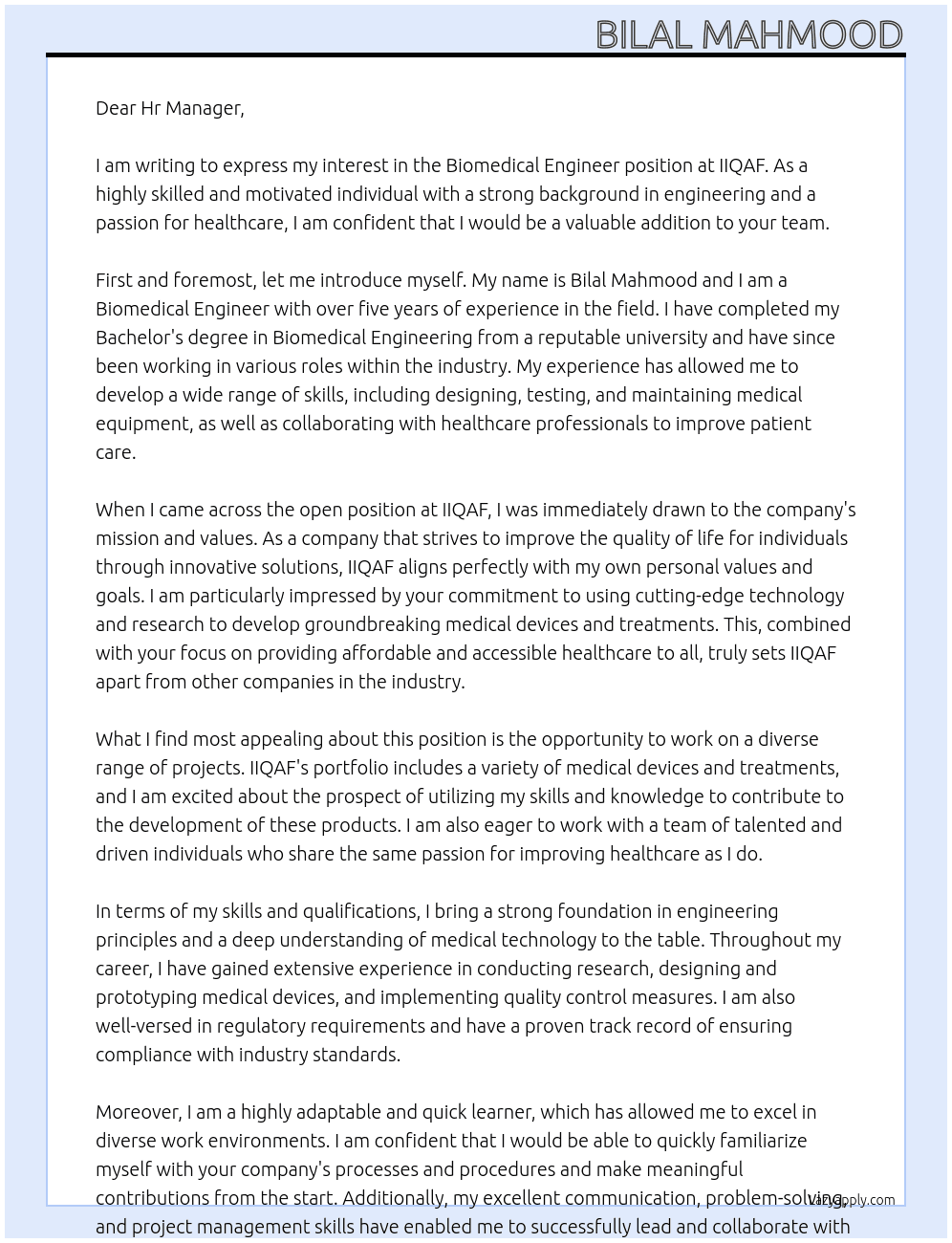 Biomedical engineer  At IIQAF Cover Letter