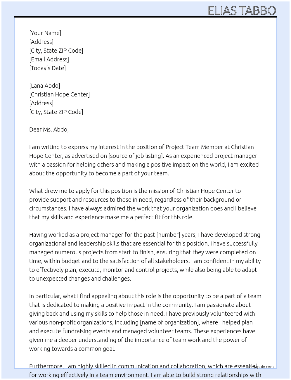 Cover letter for project team member - LazyApply