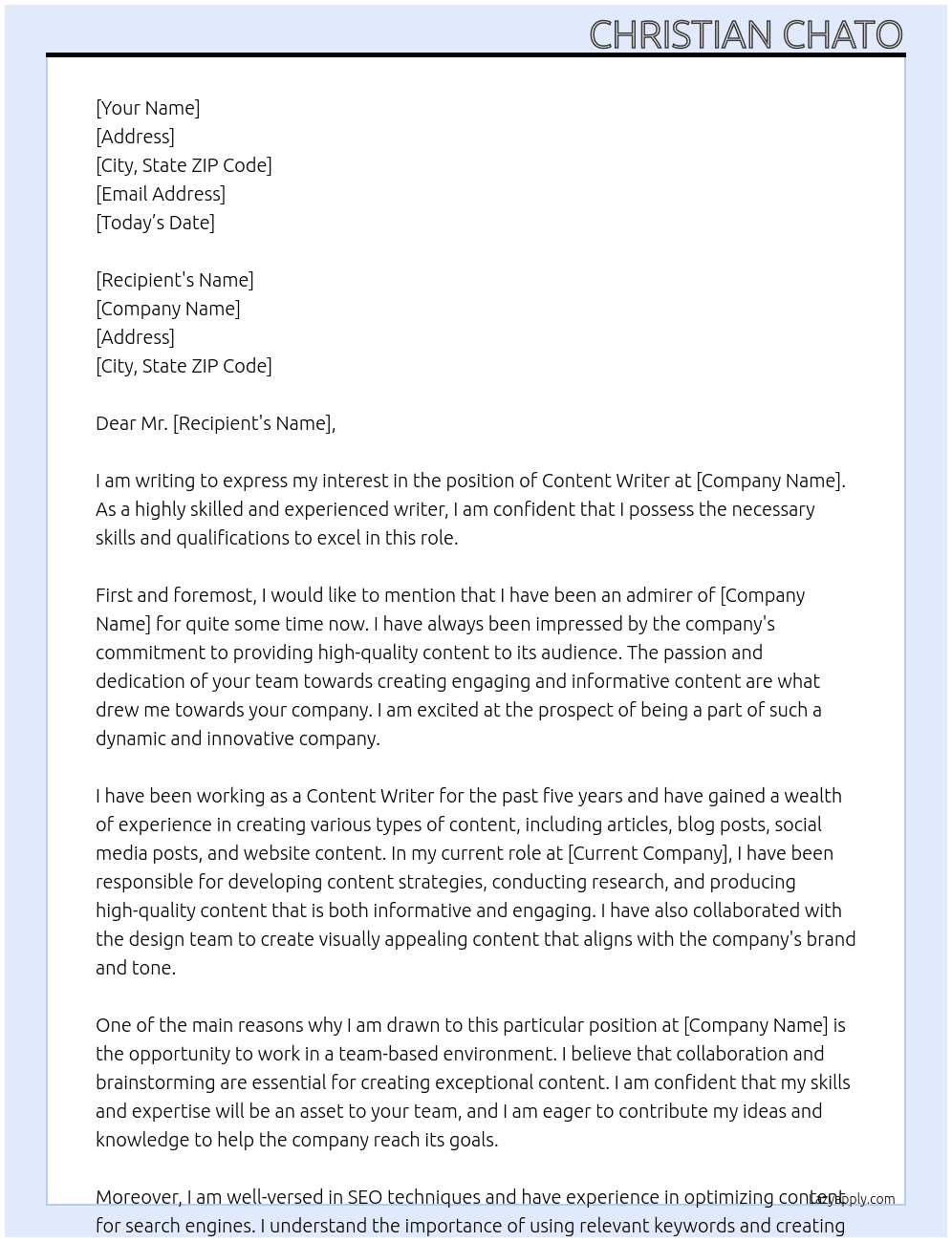 Content Writer At no company Cover Letter
