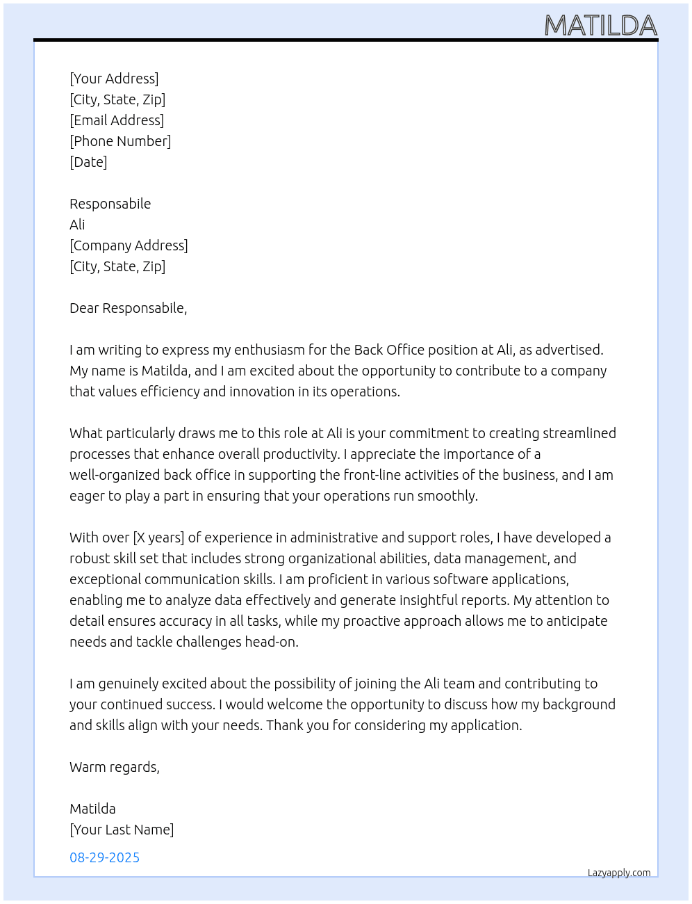 back office At ali Cover Letter