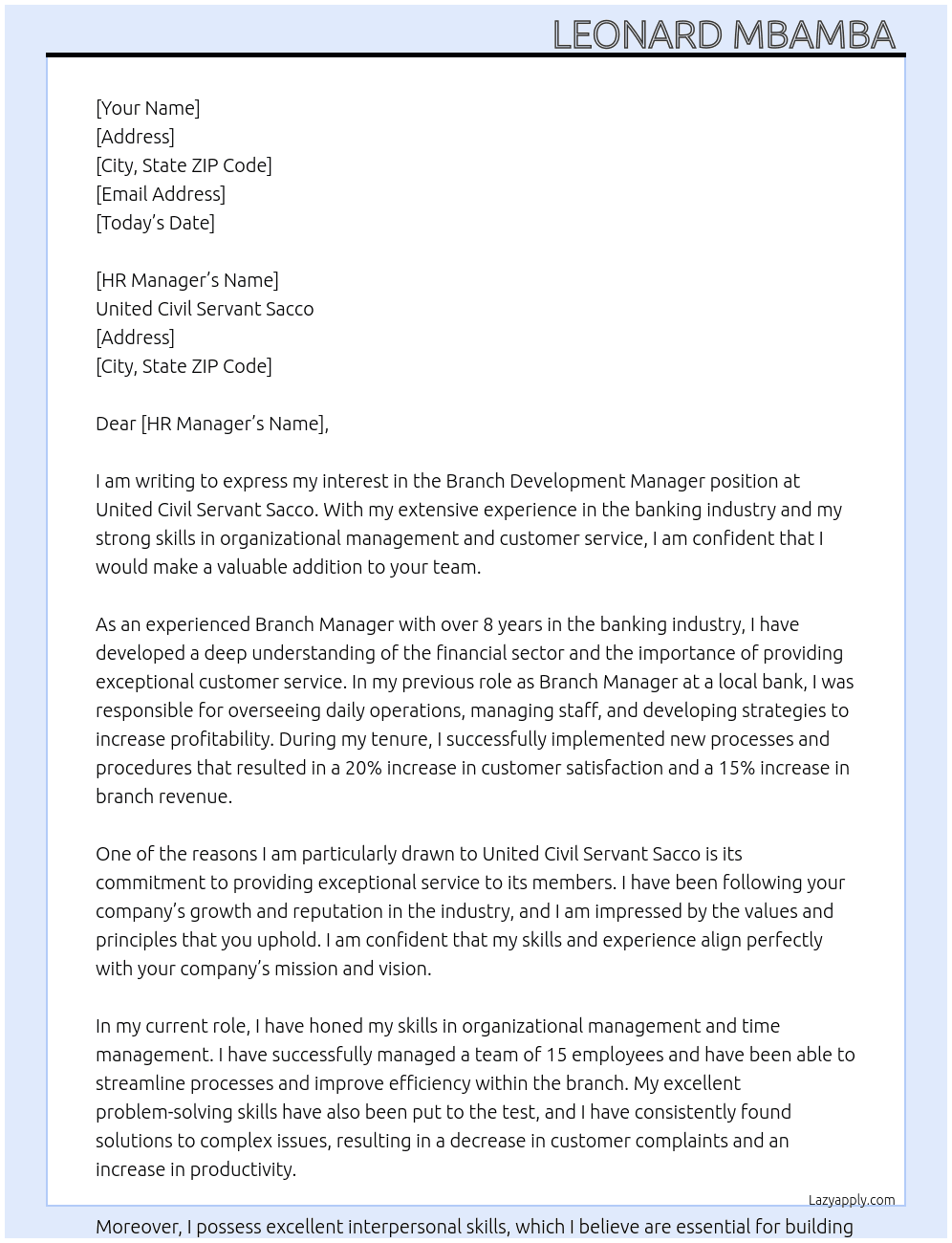 Branch development Manager  At United Civil Servant Sacco  Cover Letter