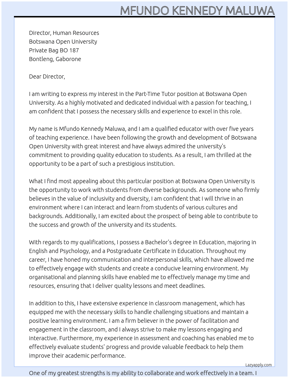 Part time tutor At Botswana Open University Cover Letter
