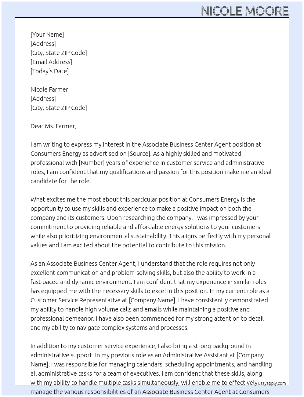 Associate Business Center Agent At Consumers Energy Cover Letter
