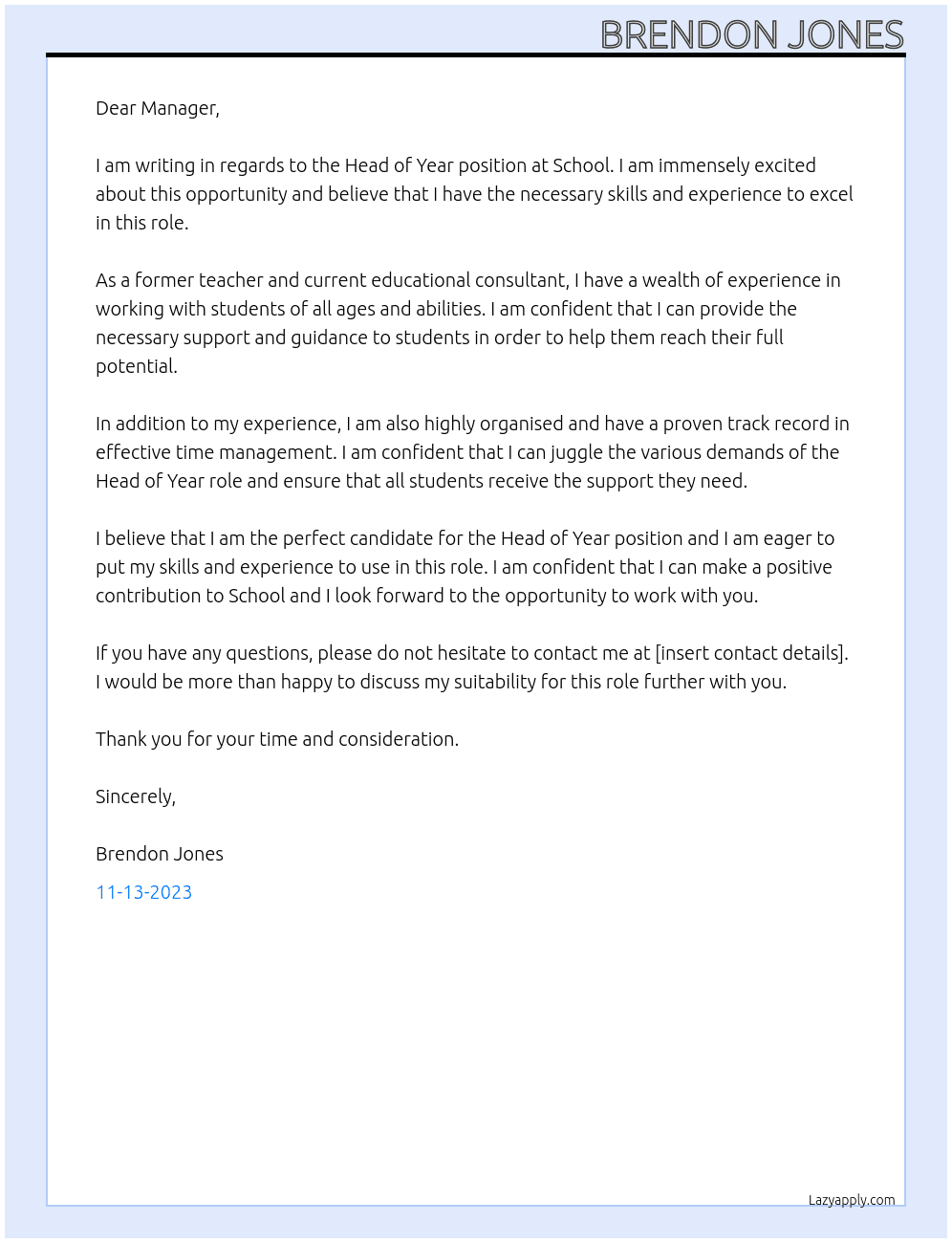 Head of Year At School Cover Letter