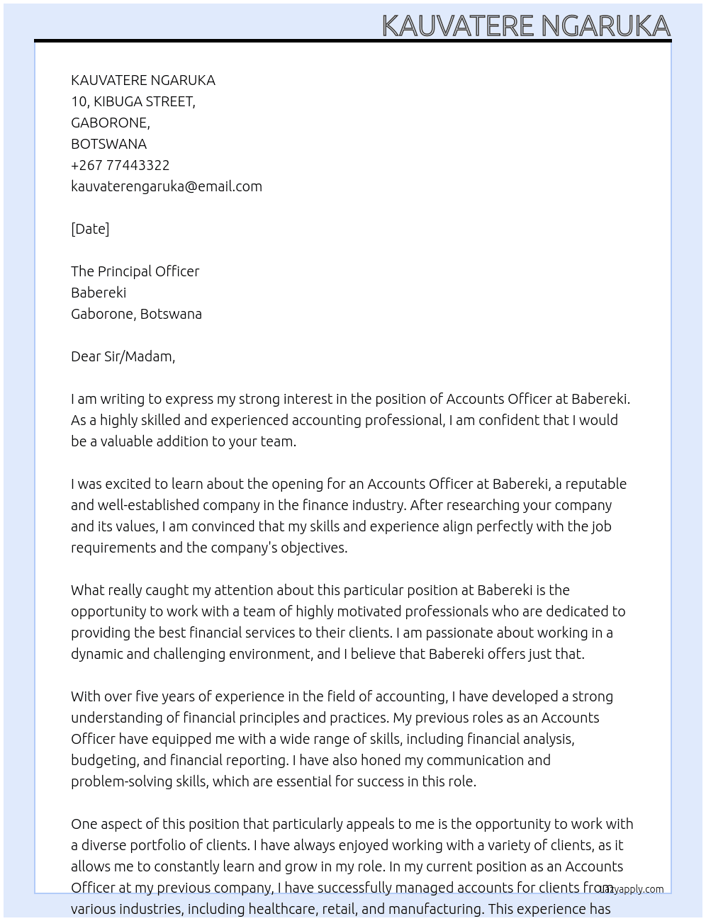 Accounts Officer At Babereki Cover Letter