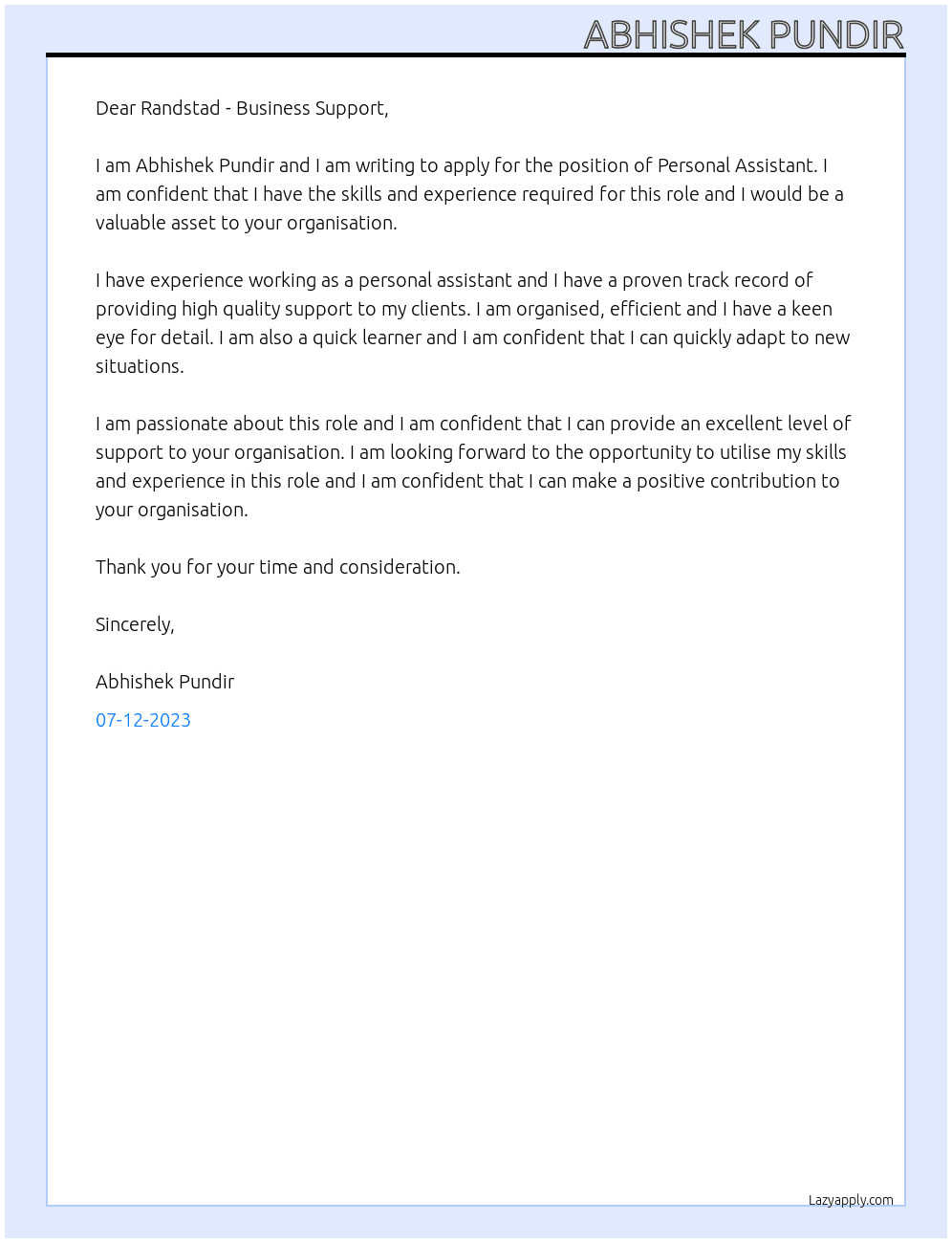 Personal Assistant  At Randstad - Business Support Cover Letter