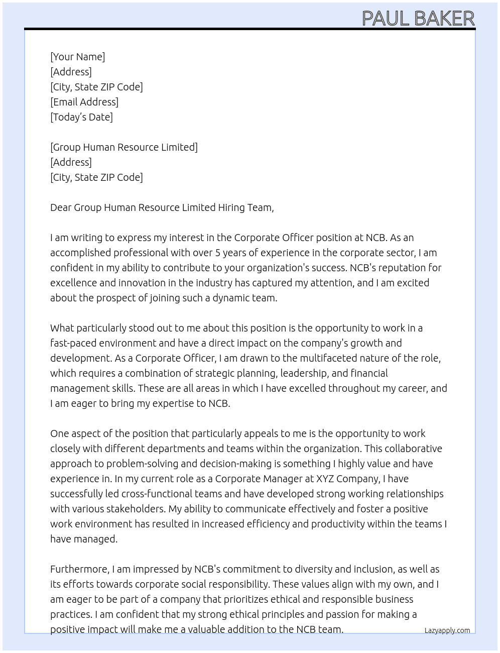 corporate officer At NCB Cover Letter