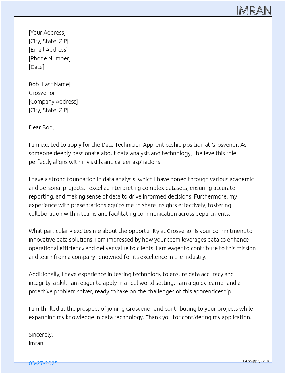 Data Technician  At Grosvenor Cover Letter