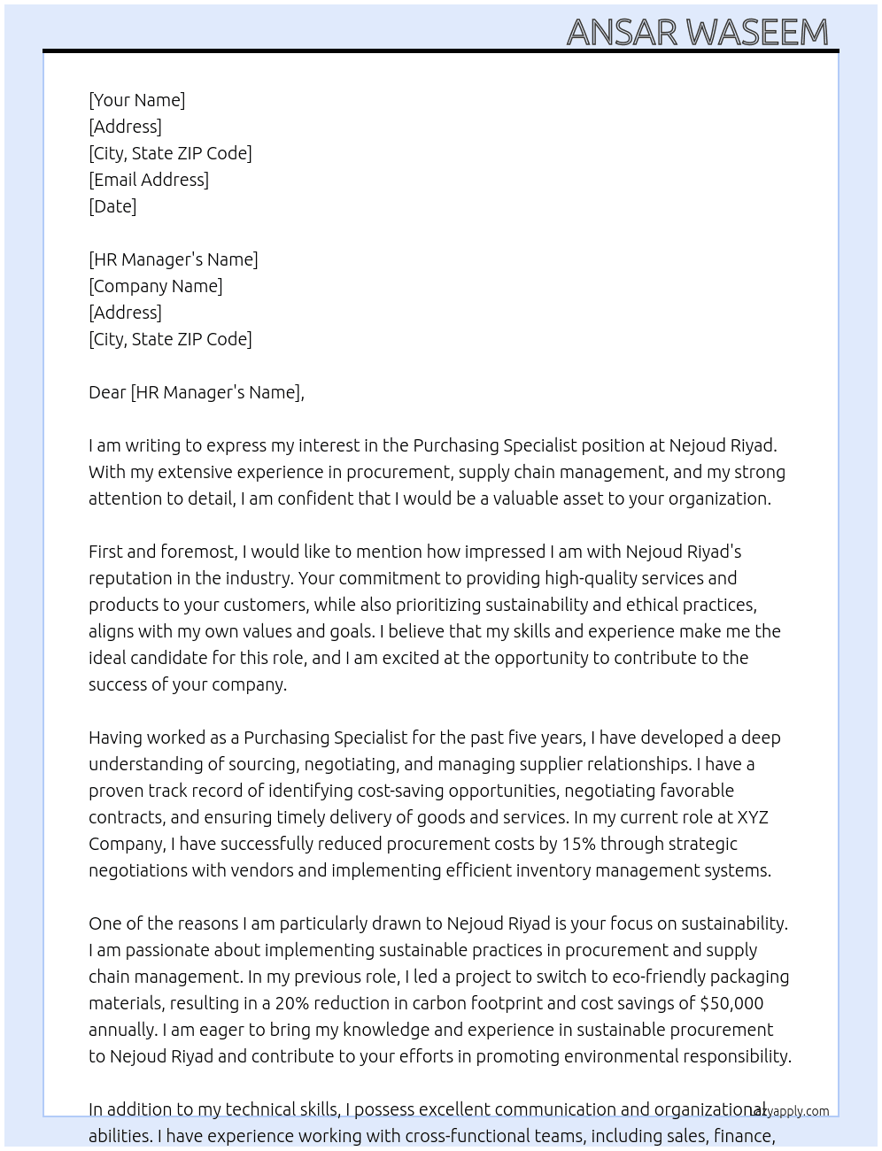 Purchasing Specialist  At Nejoud Riyad Cover Letter