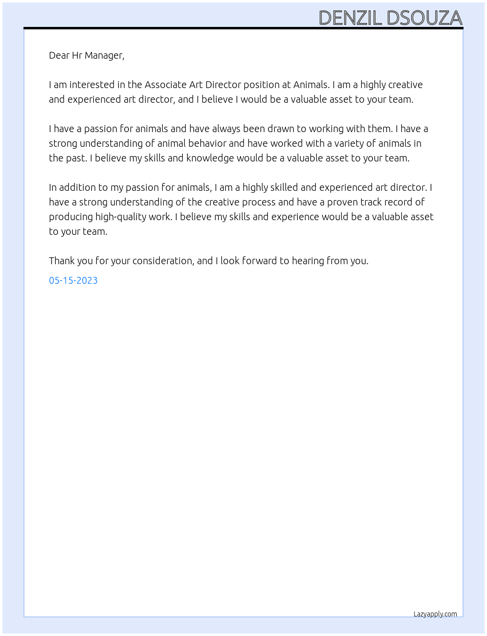 Associate art director At Animals Cover Letter