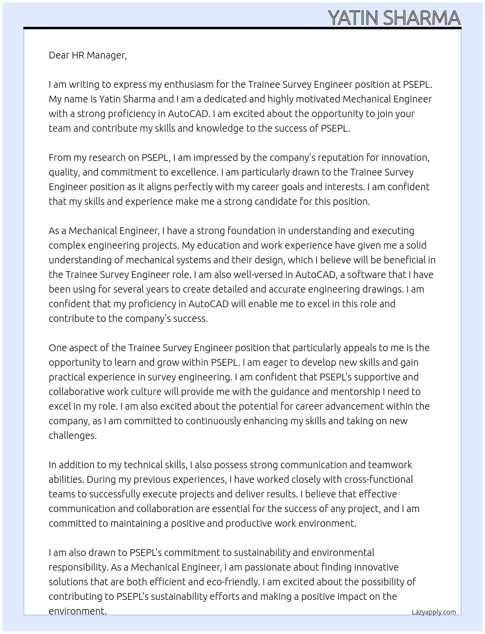 Trainee Survey Engineer At PSEPL Cover Letter