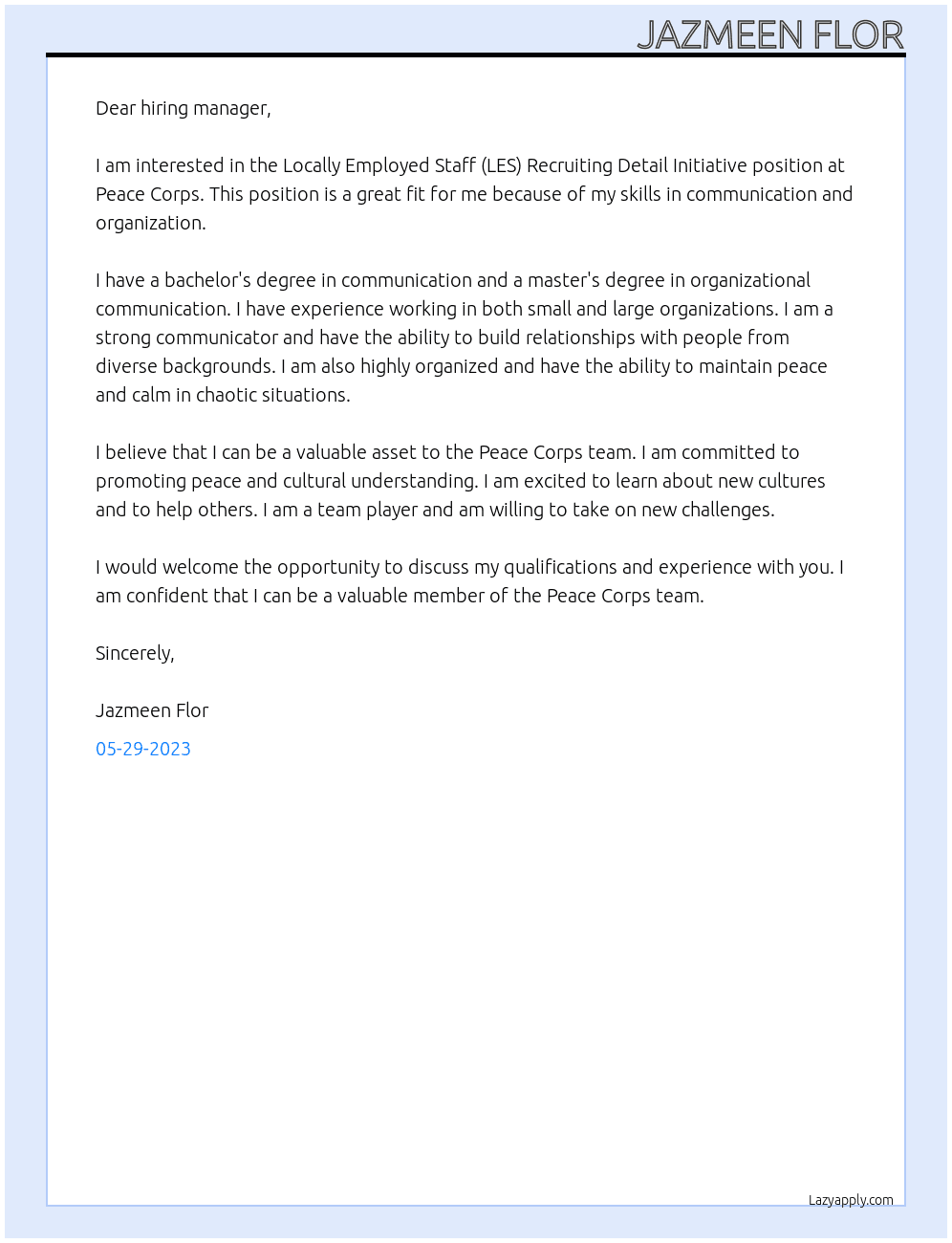 Locally Employed Staff (LES) Recruiting Detail Initiative At Peace corps Cover Letter