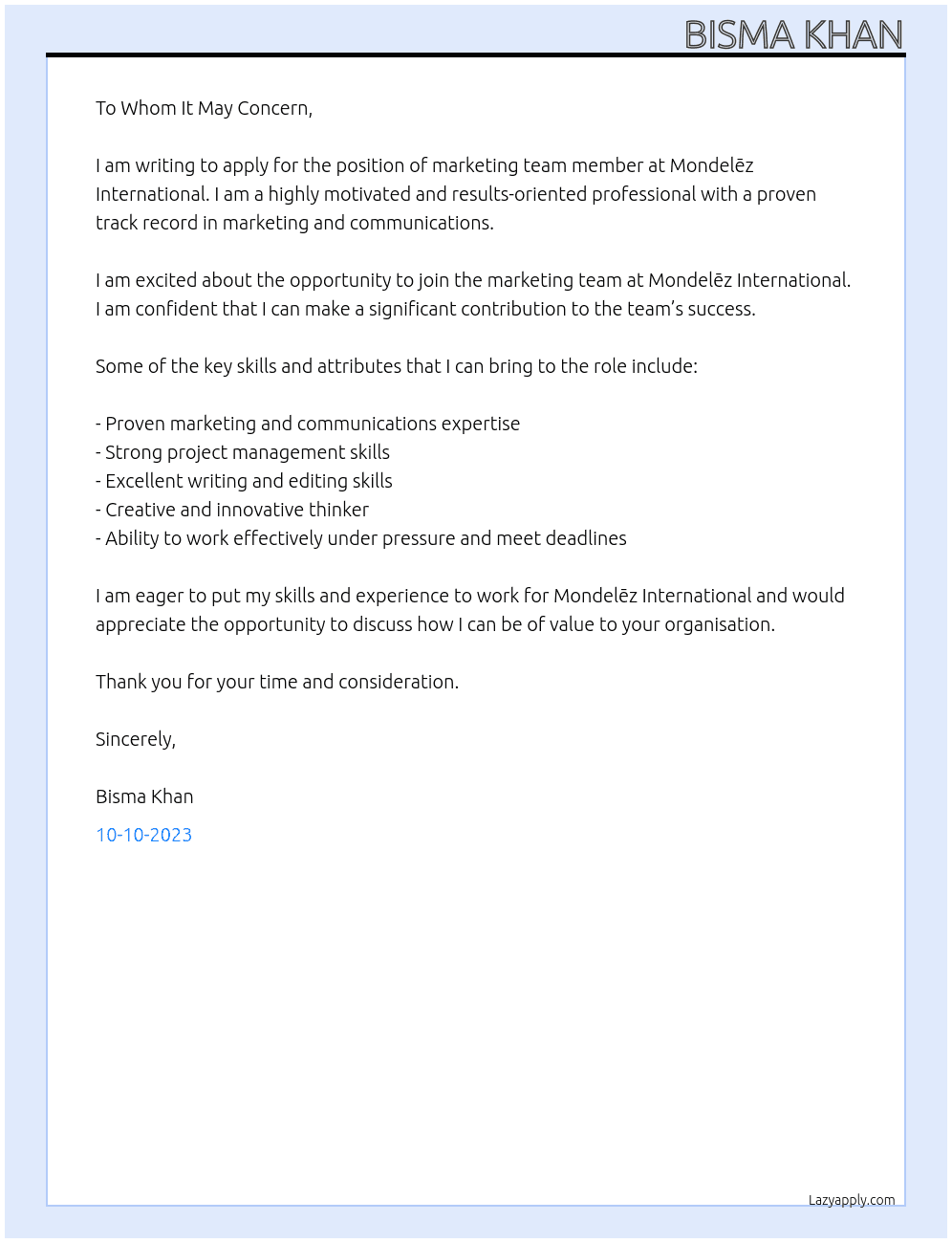 marketing team member At Mondelēz International Cover Letter