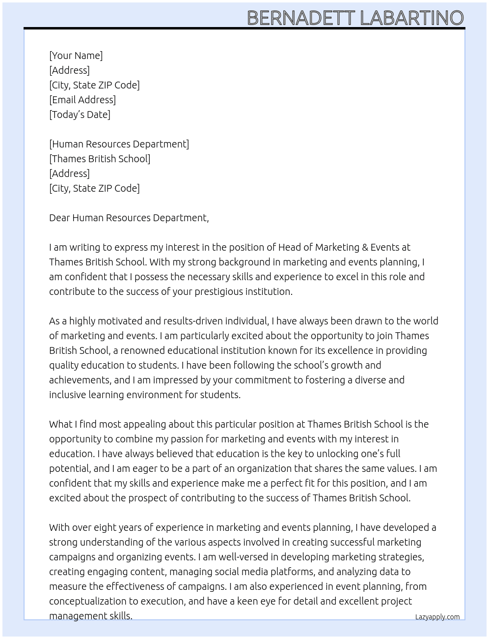 Head of Marketing & Events At Thames British School Cover Letter