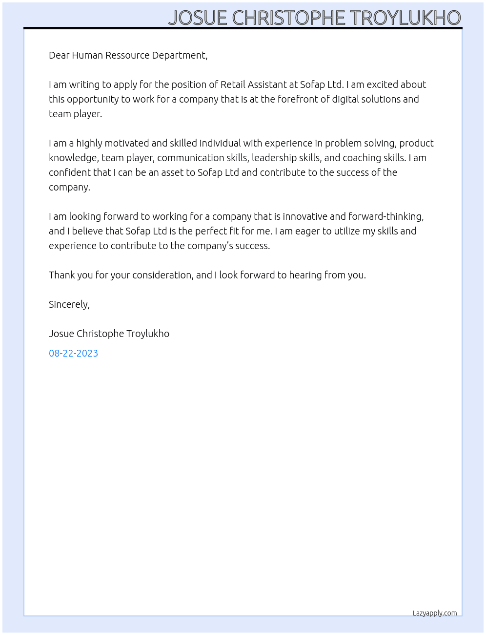 Retail Assistant At Sofap Ltd Cover Letter