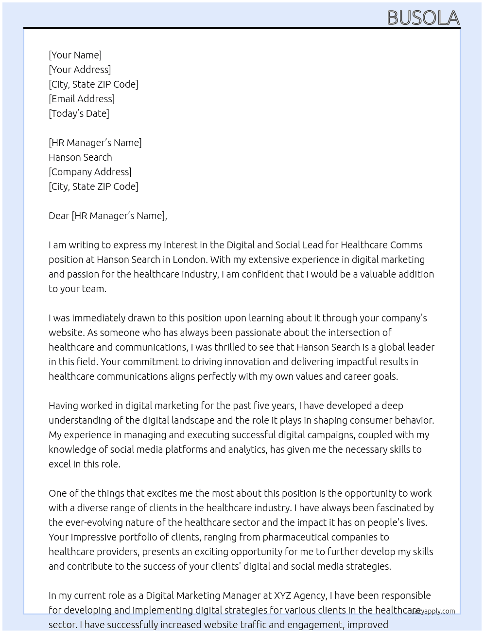 Digital and Social Lead for Healthcare Comms, London At hanson search Cover Letter