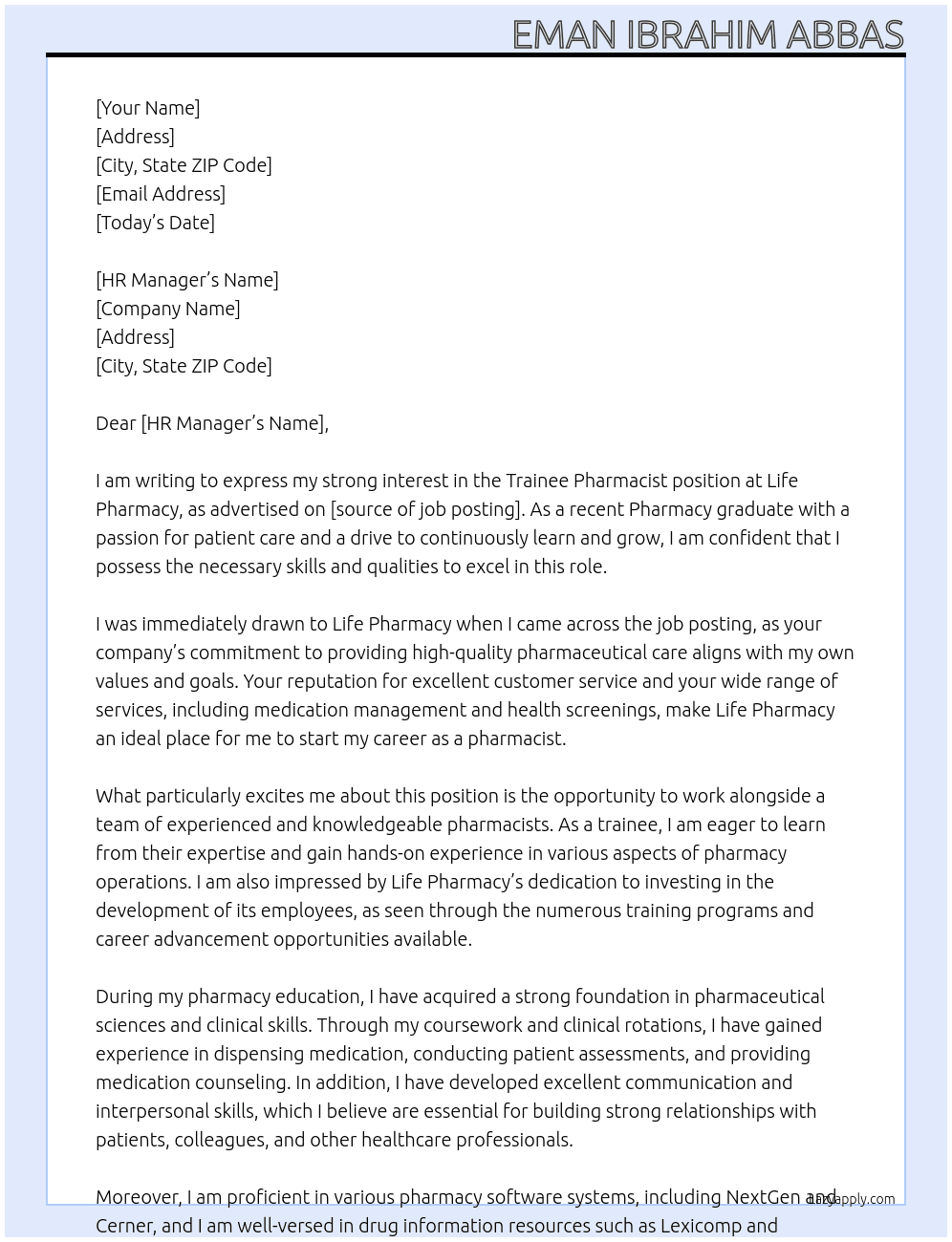 Trainee pharmacist  At Life pharmacy  Cover Letter