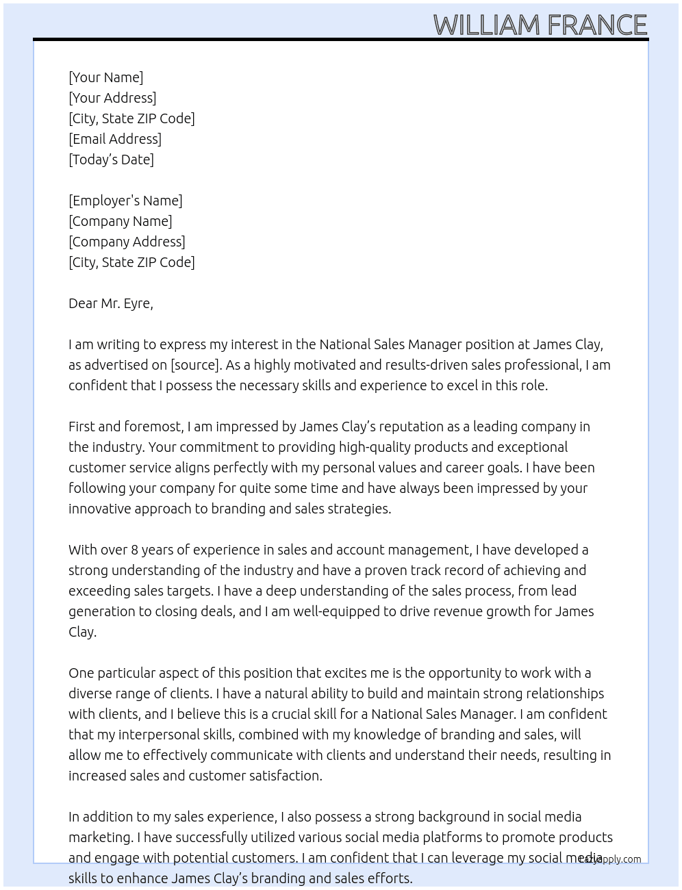 National Sales Manager  At James Clay  Cover Letter
