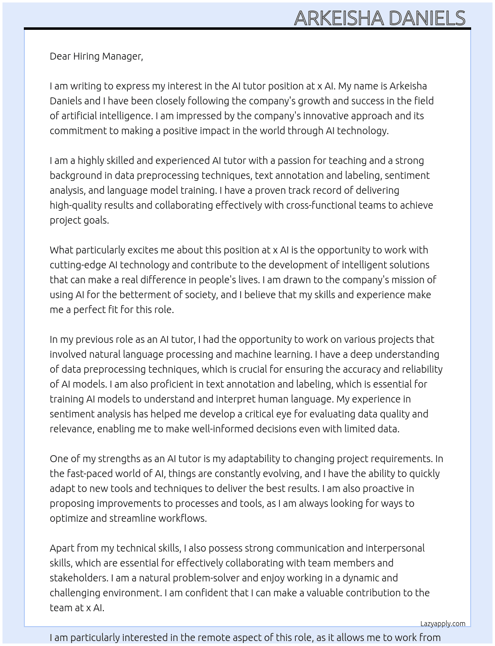 AI tutor At x AI Cover Letter