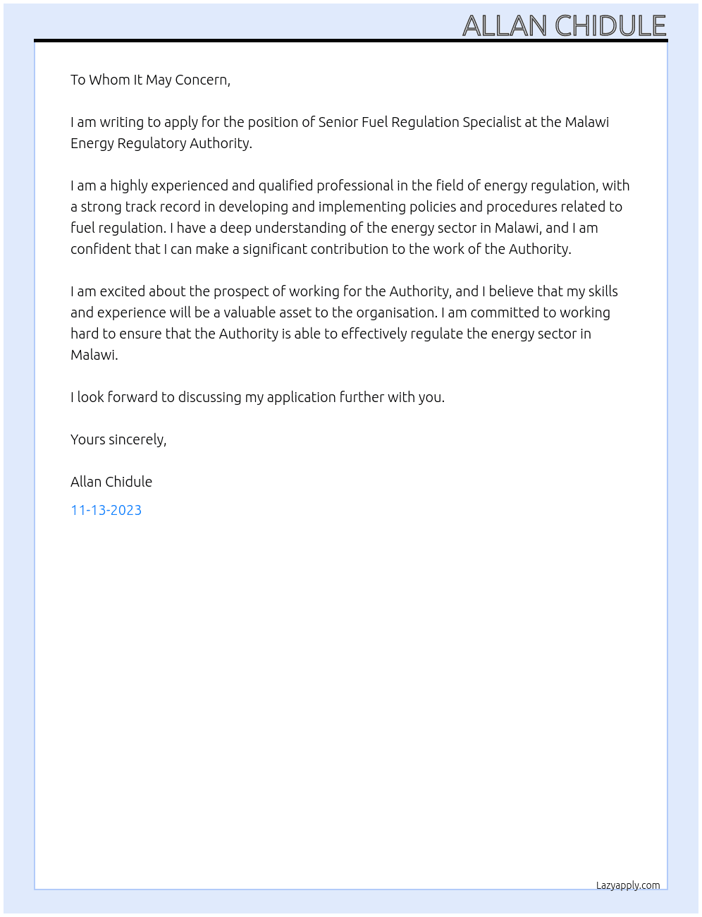 Senior fuel regulation specialist At Malawi energy regulatory authority Cover Letter