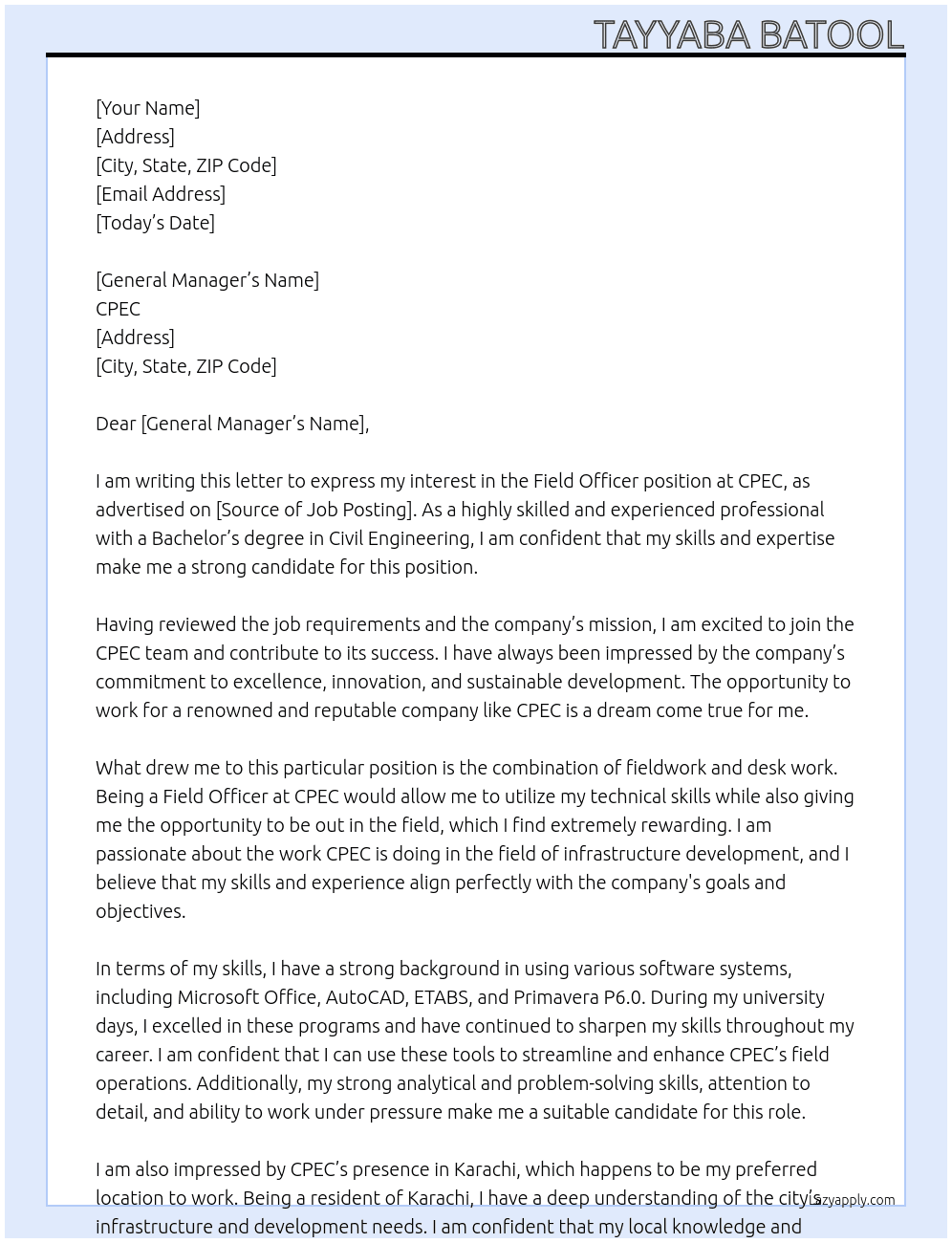 field officer At CPEC Cover Letter