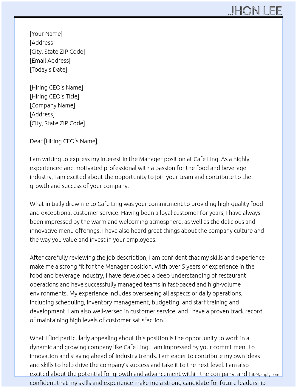 Maneger At Cafe ling Cover Letter