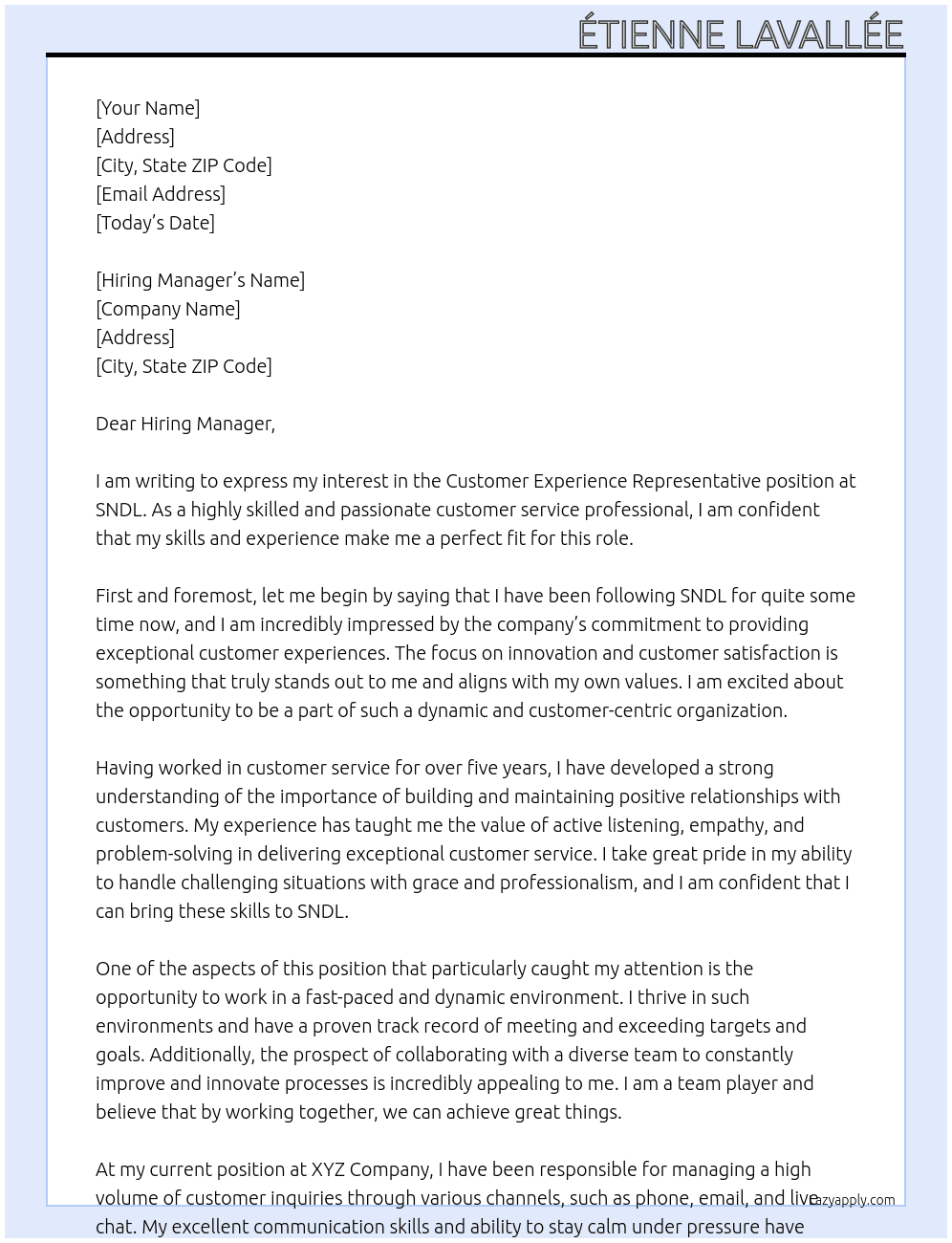 Customer Experience Representative At SNDL Cover Letter