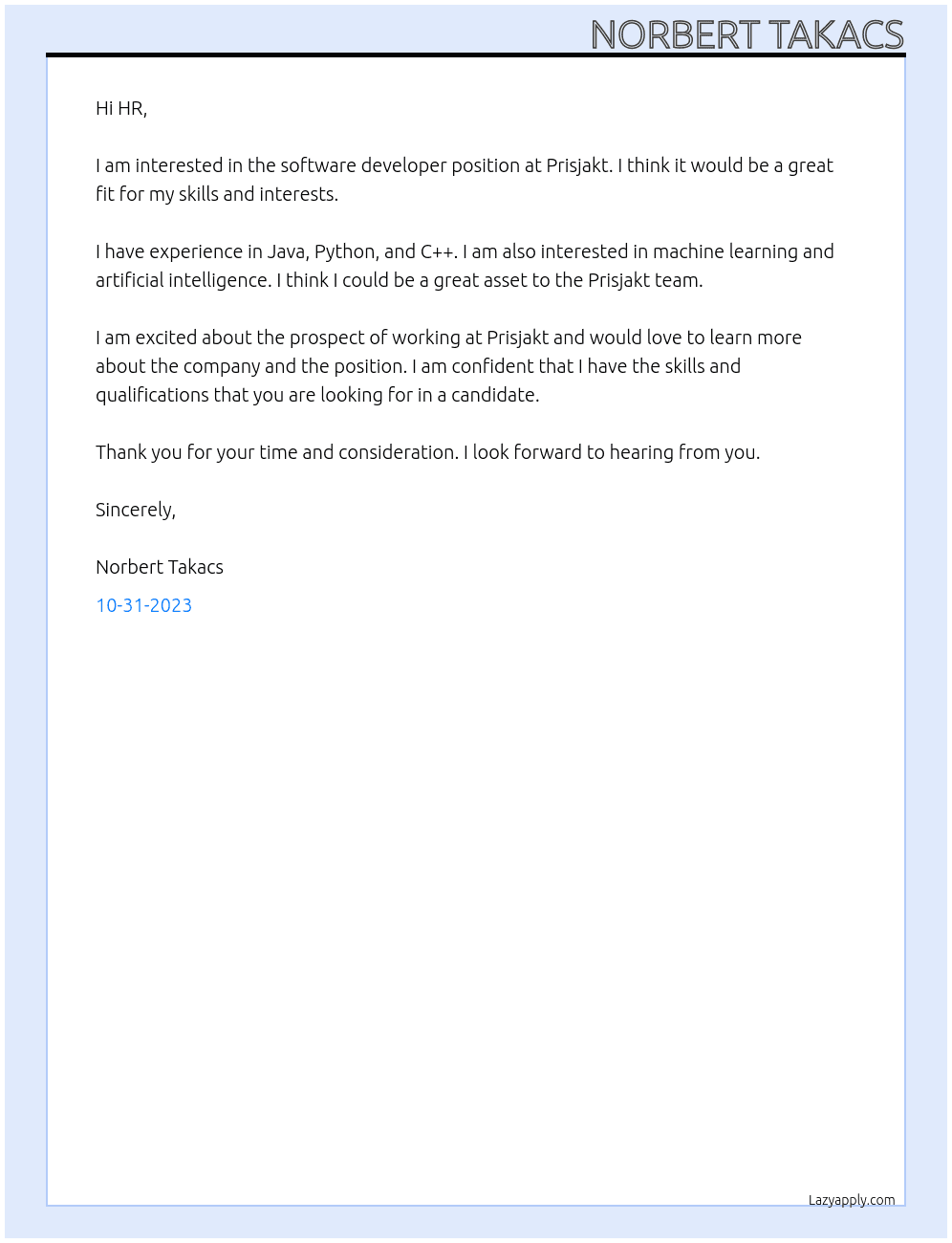 Software developer  At Prisjakt Cover Letter