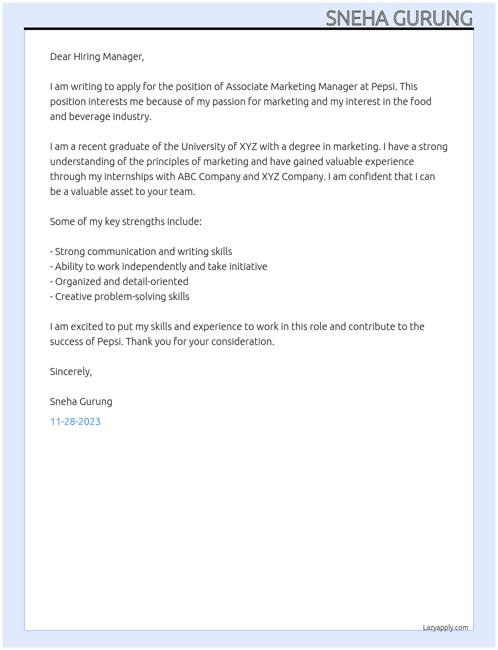 Associate Marketing Manager At Pepsi Cover Letter