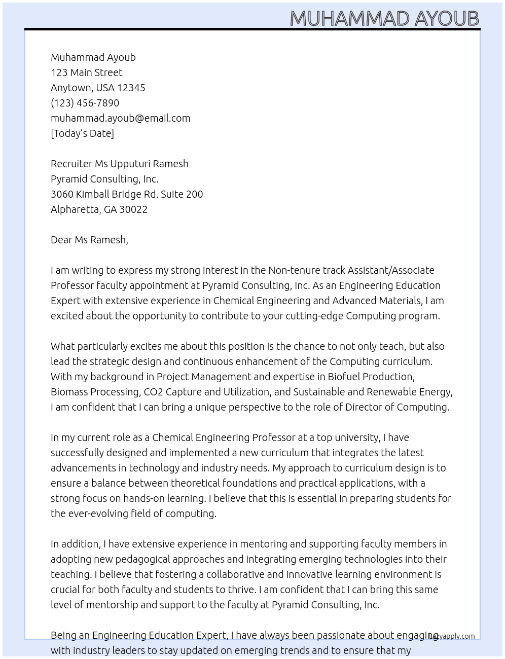 Non-tenure track Assistant/Associate Professor faculty appointment At Pyramid Consulting, Inc. Cover Letter
