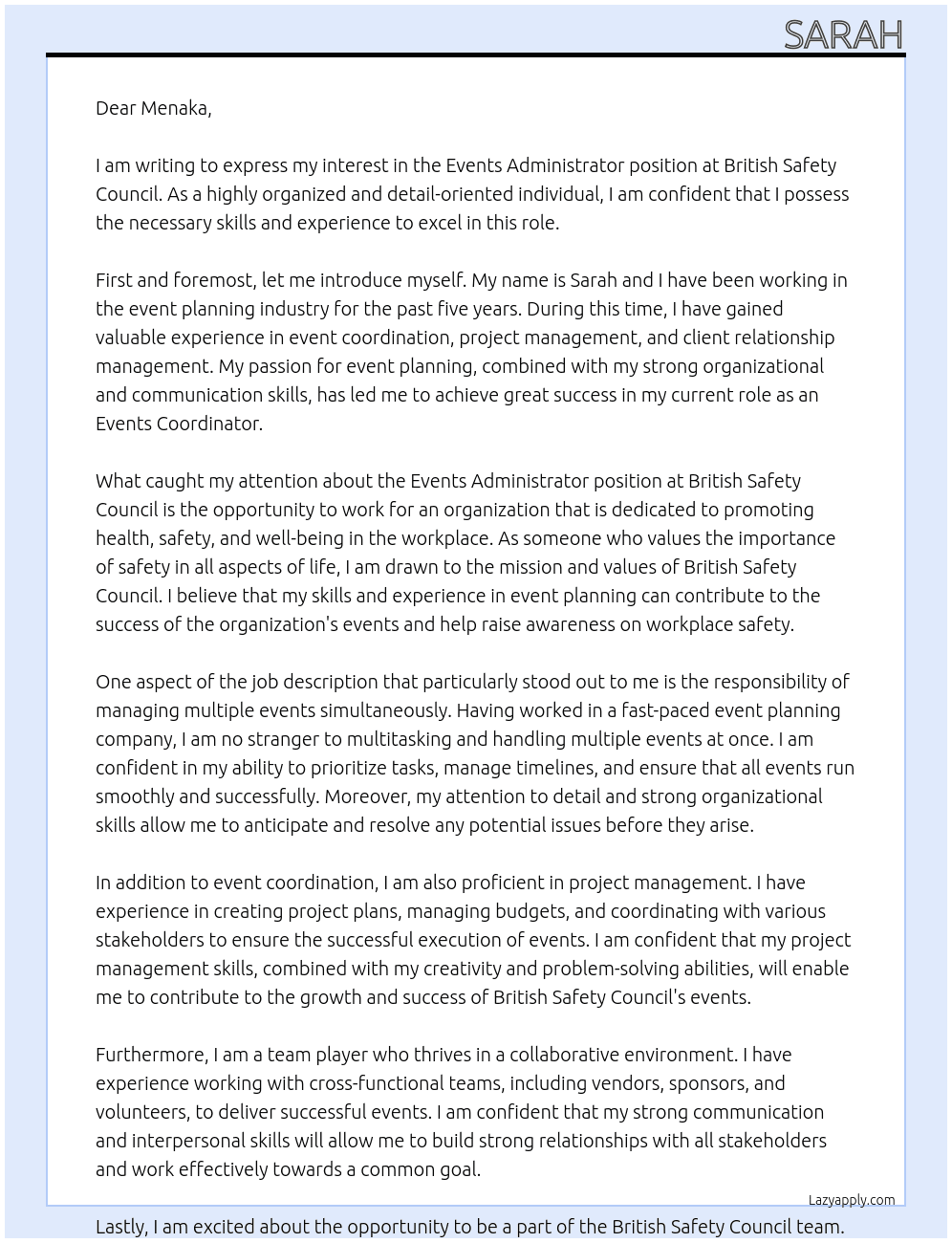 Events Administrator At British Safety Council Cover Letter