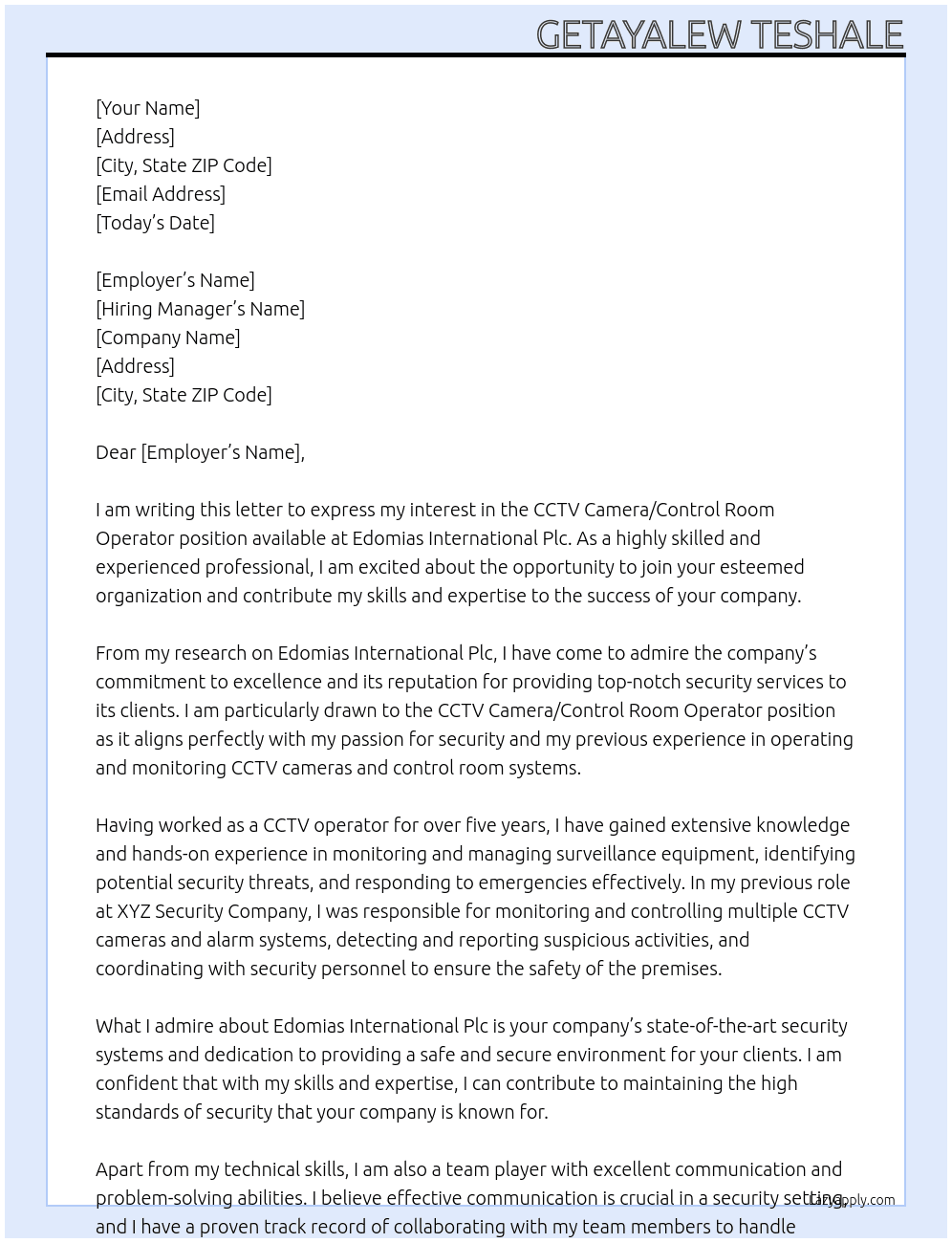 CCTV Camera / Control Room Operator At Edomias International Plc Cover Letter