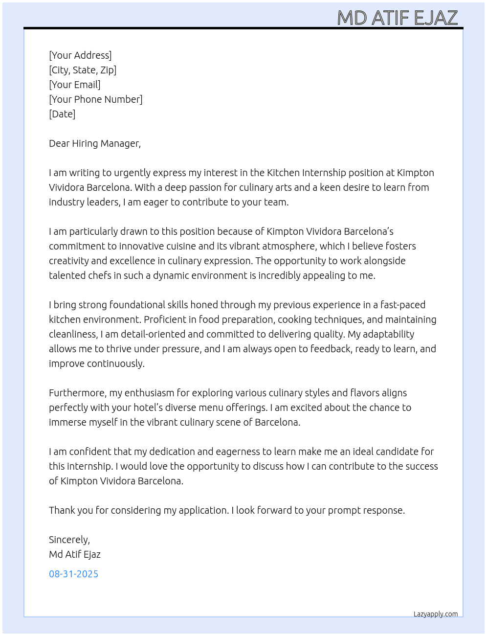 Cover letter for application for kitchen internship - LazyApply