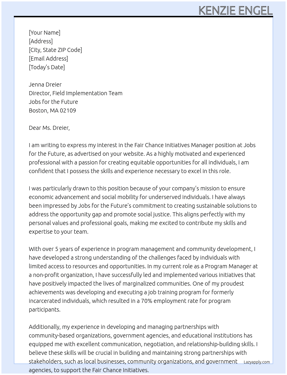 Fair Chance Initiatives Manager At Jobs for the Future Cover Letter
