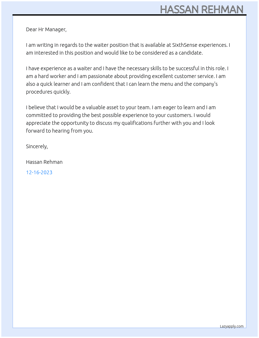 Waiter At SixthSense experiences Cover Letter