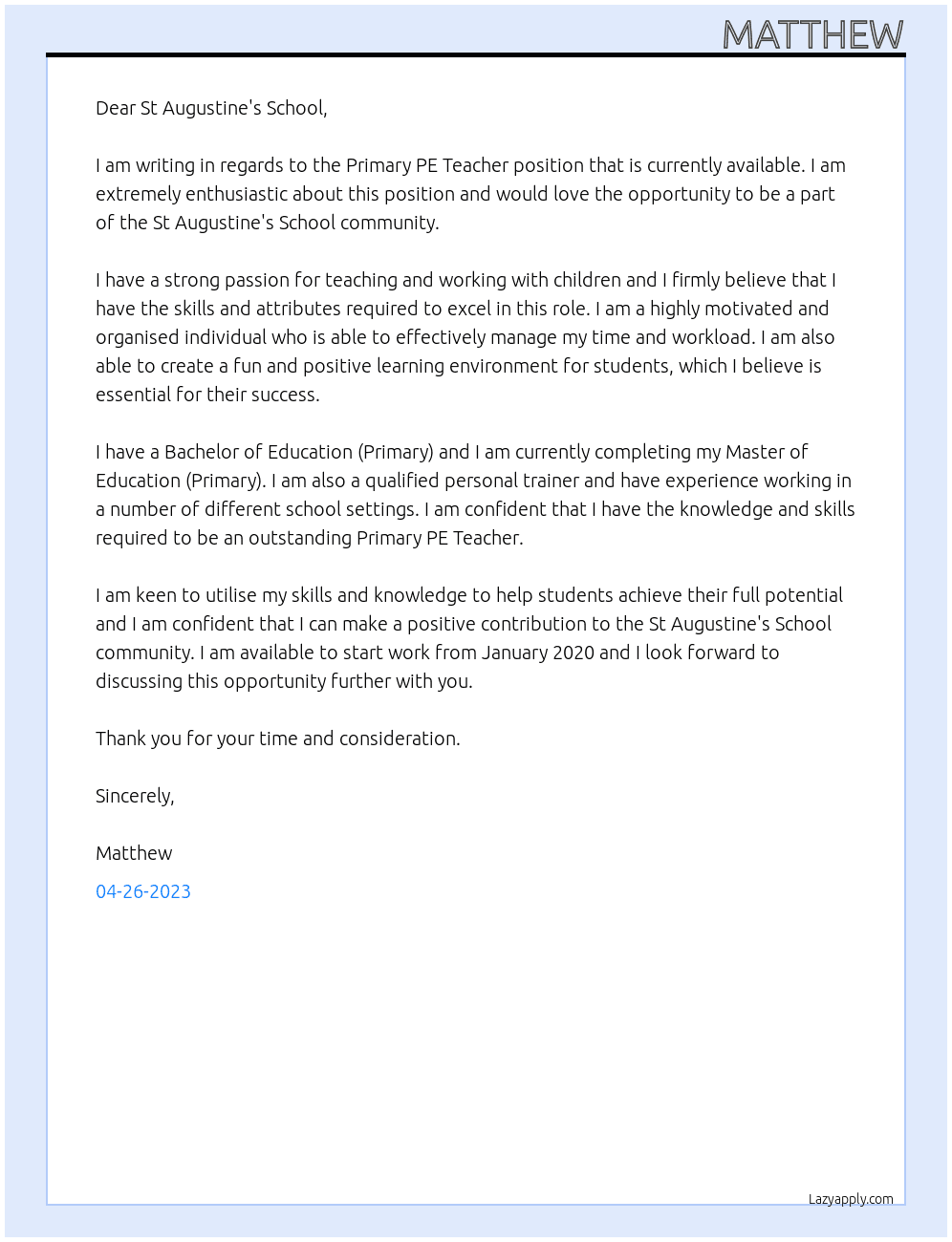 Primary PE Teacher At St Augustine's School Cover Letter