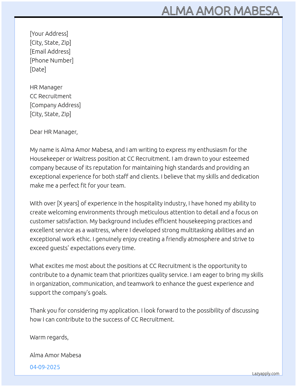 Housekeeper or Waitress  At CC Recruitment  Cover Letter