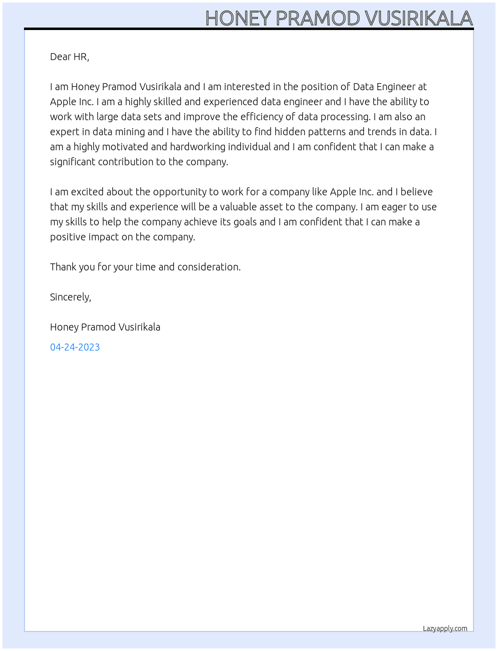 Data Engineer At Apple Inc. Cover Letter