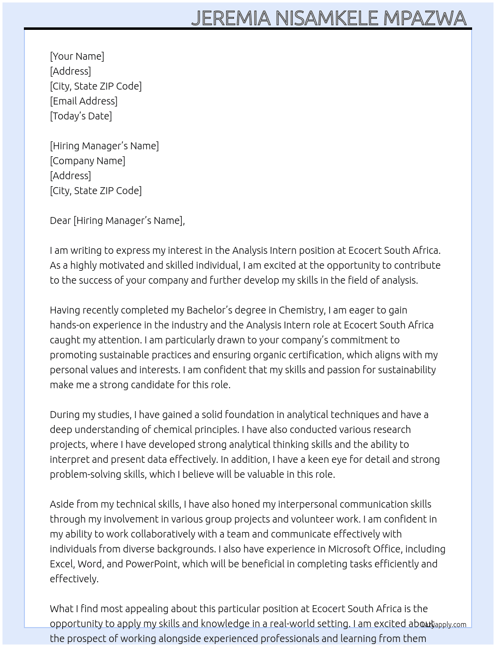 Analysis Intern At Ecocert South Africa  Cover Letter