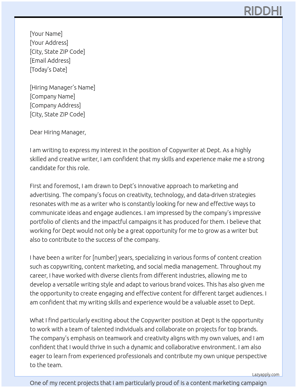 Copywriter At Dept Cover Letter
