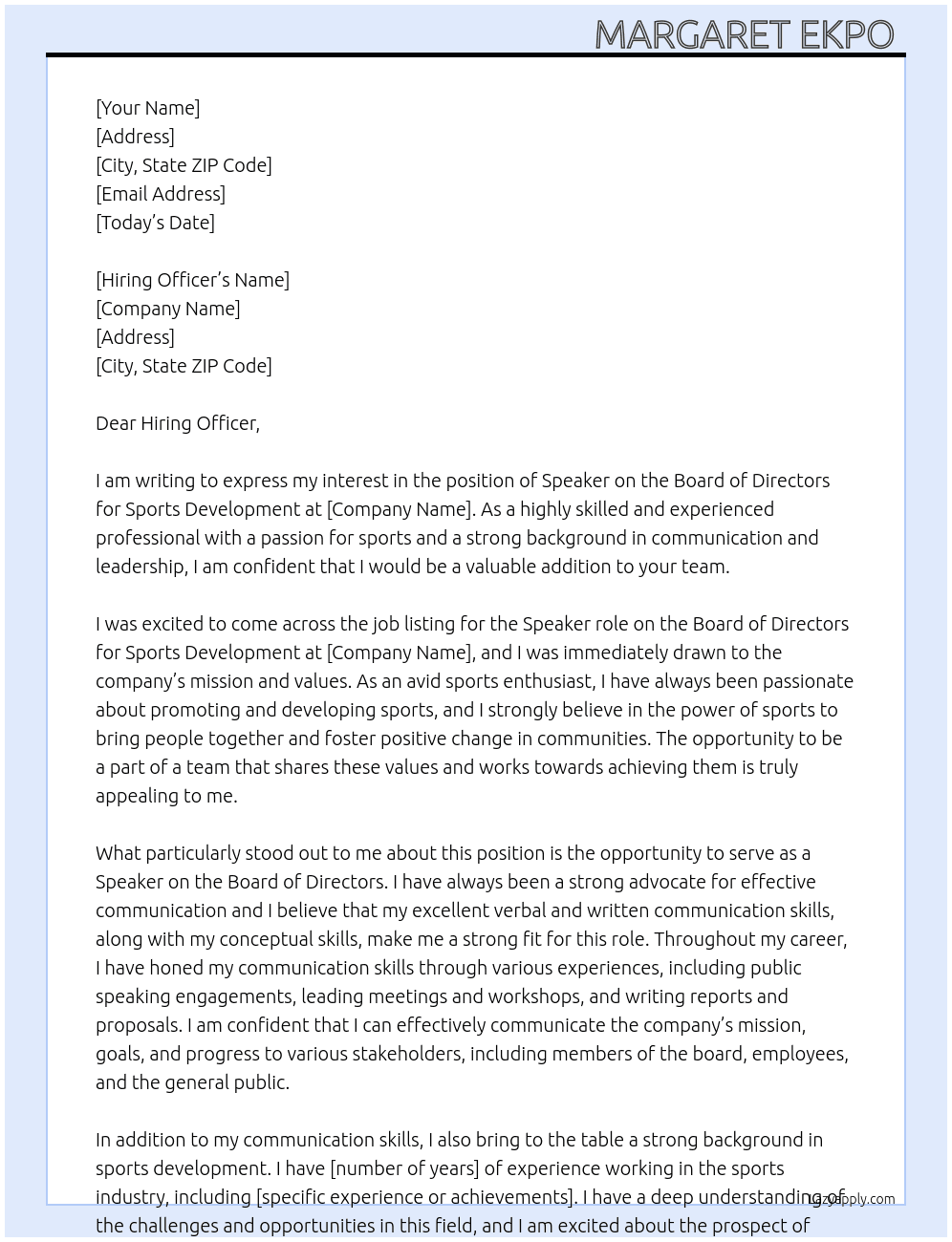 Speaker board of directors for sports development  At Board of Directors for sports  Cover Letter