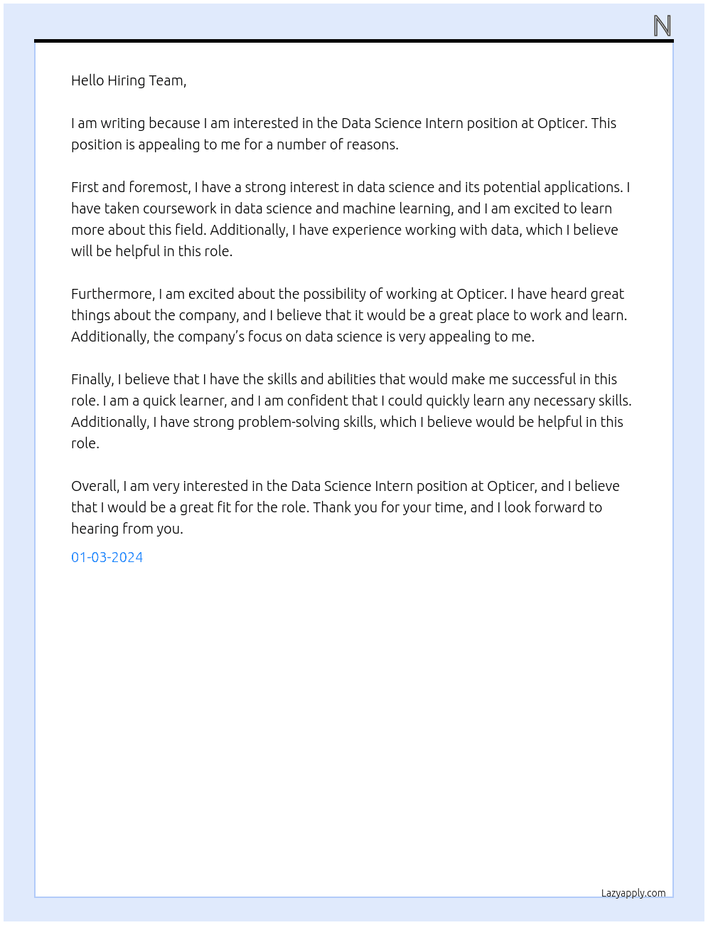 Data Science Intern At Opticer Cover Letter