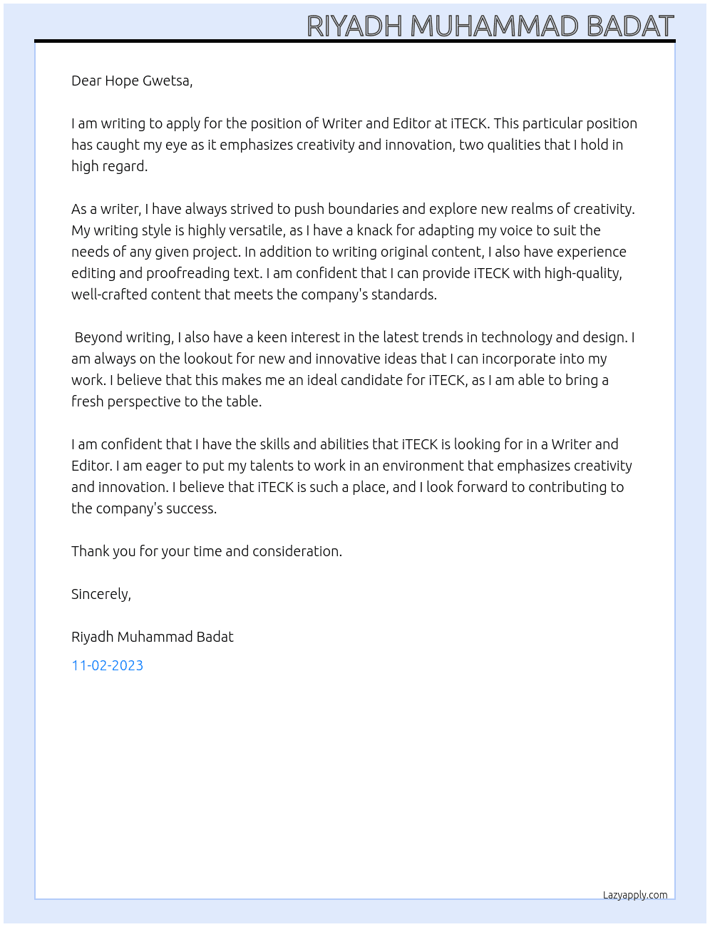 Writer And Editor At iTECK Cover Letter