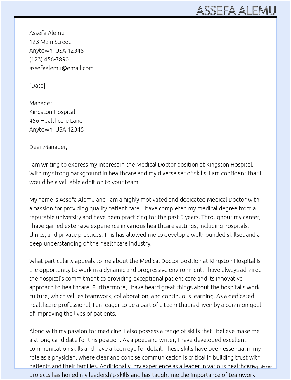 Medical doctor  At Kingston hospital  Cover Letter