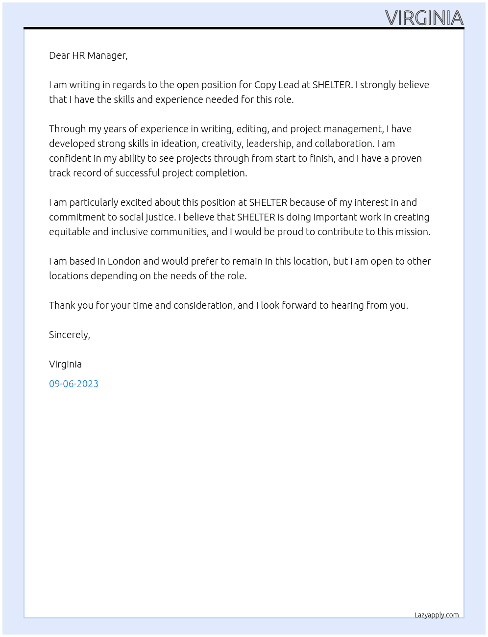 Copy Lead At SHELTER Cover Letter