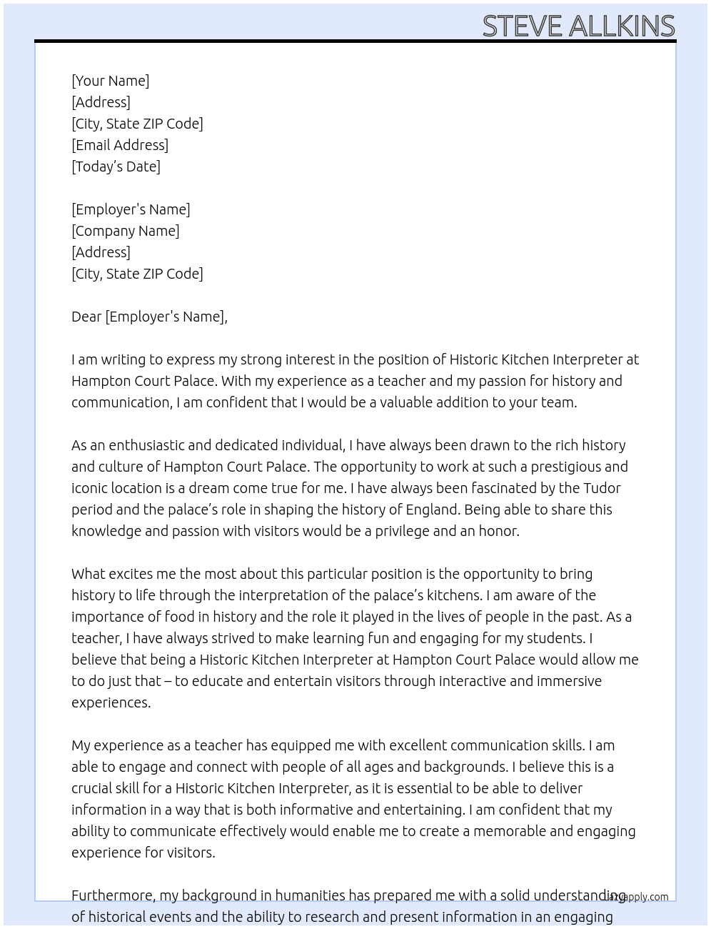 Historic kitchen interpreter At Hampton court palace Cover Letter